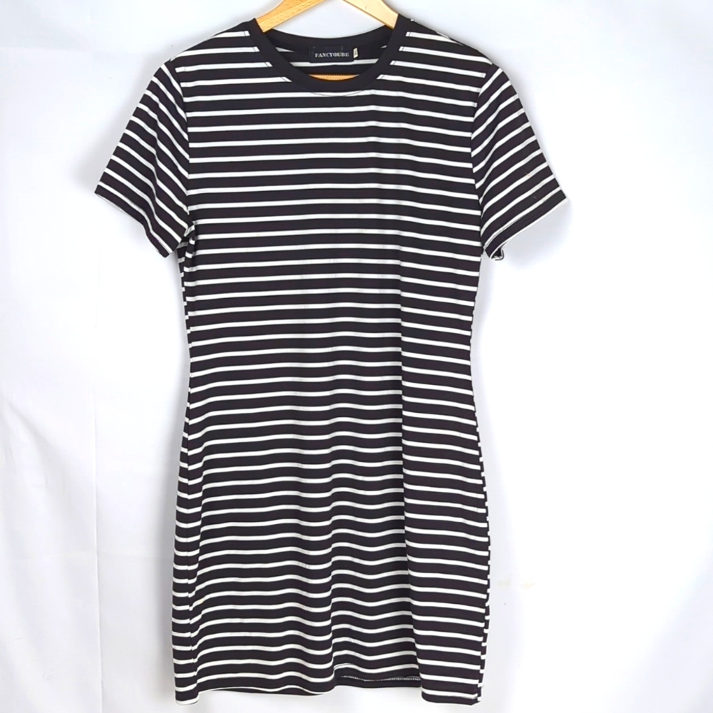 FANCYQUBE Black White Stripe T-Shirt Mini Dress Size XL